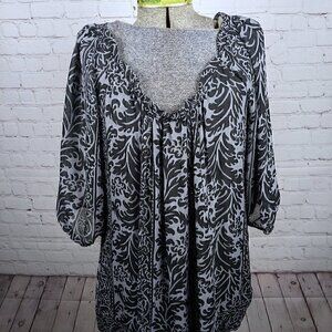 LIKE NEW Nicole Miller Gray/Black Floral Puffy Sleeve Blouse